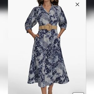 Donna Karan Blue and White Geometric Midi Dress